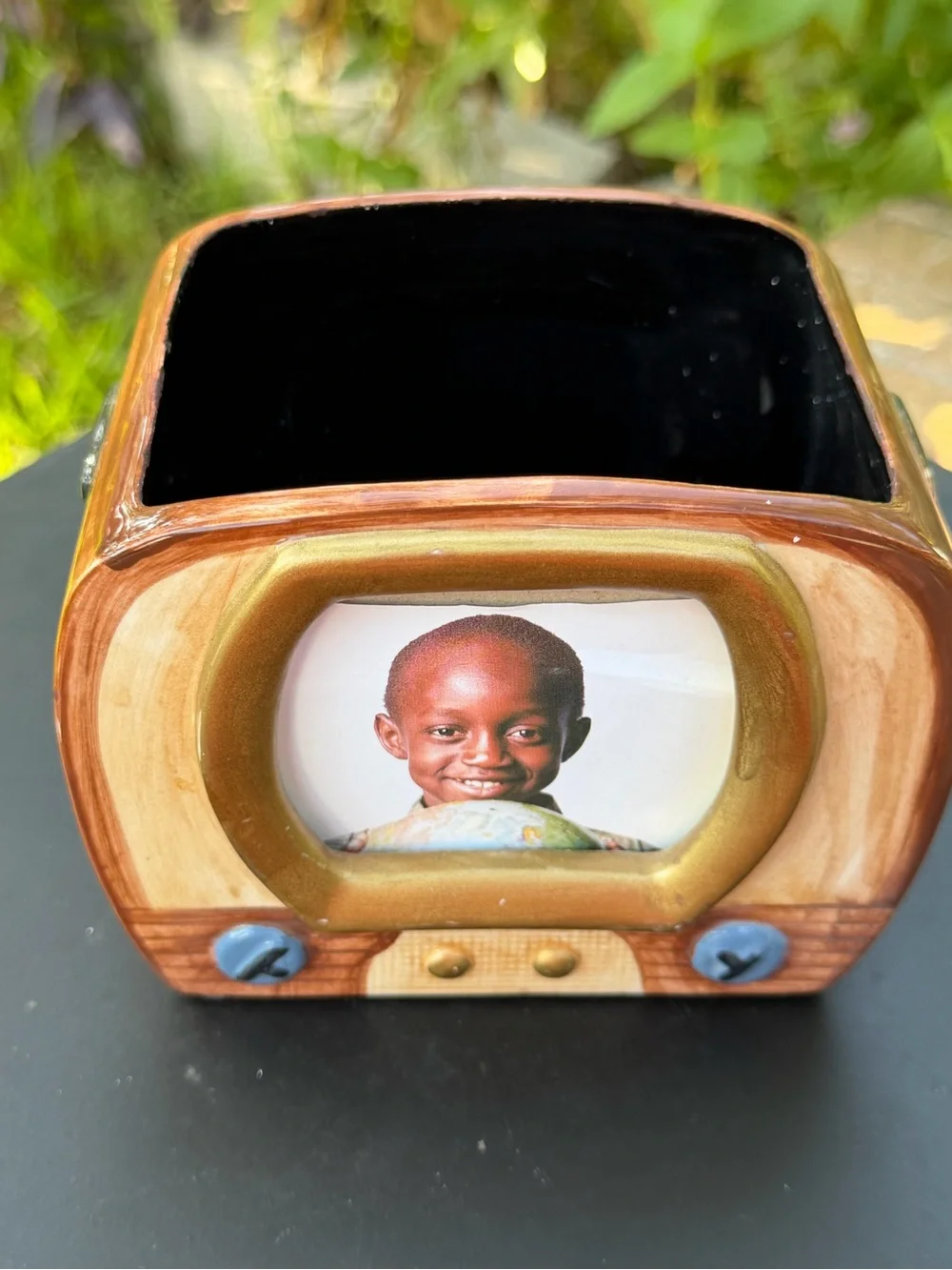 Retro TvShaped Ceramic TV Remote Caddy Organizer & Picture Frame 2.5x3” Brown